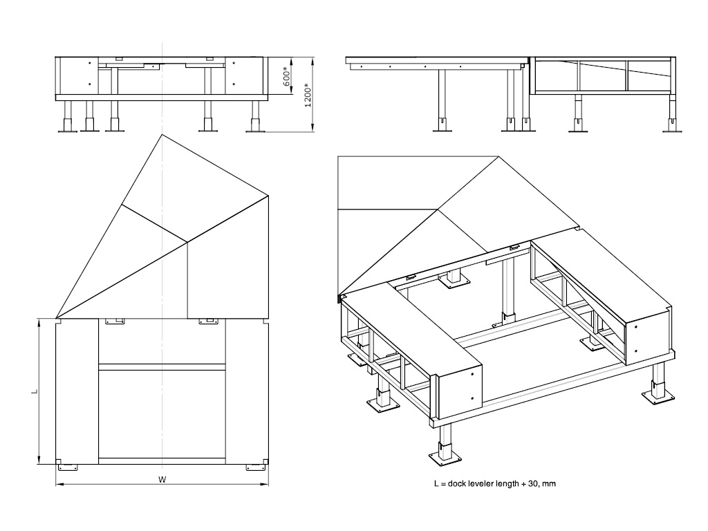 Angled free-standing frame (45°) for a mechanical leveler and an embedded type dock leveler with hinged lip